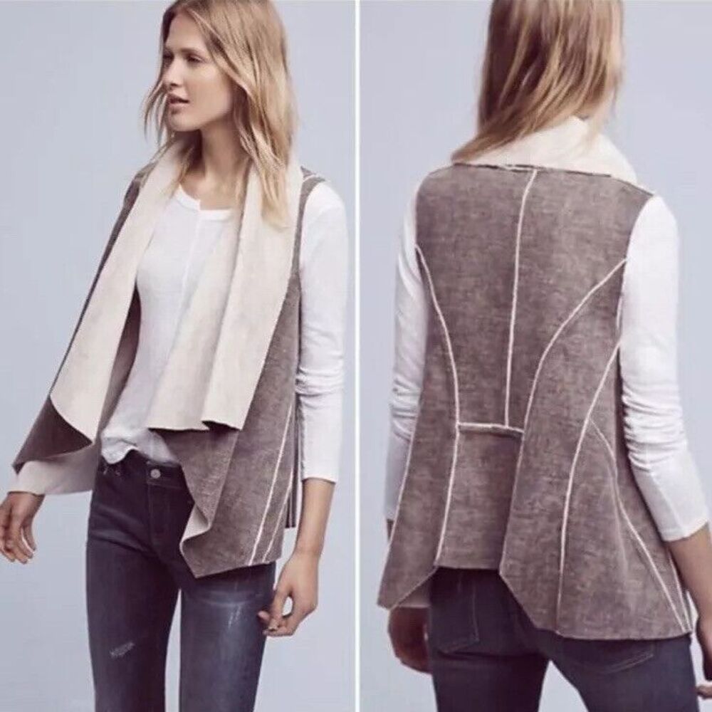 ANTHROPOLOGIE Amadi Vest Sz S Sleeveless Coat Brown‎ Gray Sherpa Faux Fur Kady